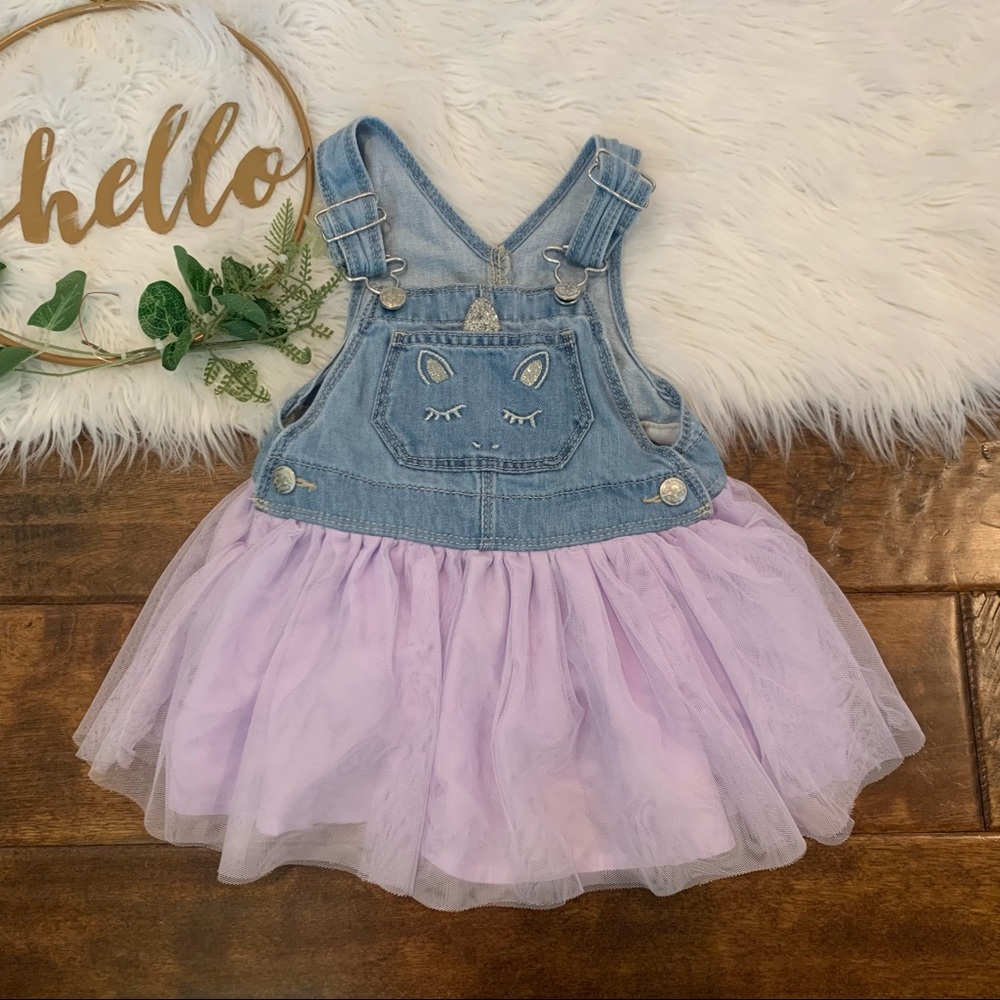 Carters OshKosh B’gosh Overall dress Purple Denim Tulle skirt Unicorn pocket 18M